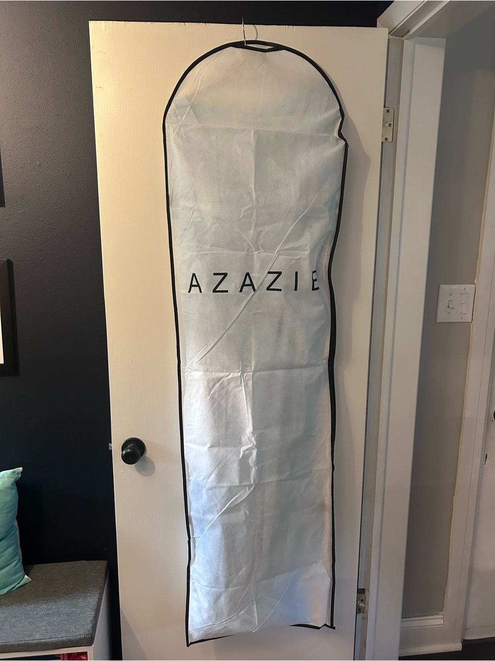Azazie White Garment Bag with Black Trim